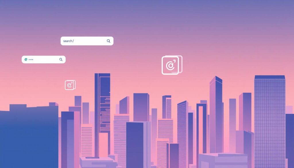 A vibrant, modern illustration of various digital advertising platforms, including search engines, social media, and programmatic displays. The scene depicts a sleek, minimalist cityscape with clean lines and a muted color palette, creating a sophisticated and professional atmosphere. In the foreground, a series of stylized, geometric shapes representing different platforms float above the city, their surfaces reflecting the urban environment. The middle ground features sleek, high-rise buildings, their glass facades gleaming in the soft, directional lighting. In the background, a gradient sky adds depth and a sense of scale. The overall composition conveys a sense of balance, technology, and strategic optimization for effective paid traffic campaigns.